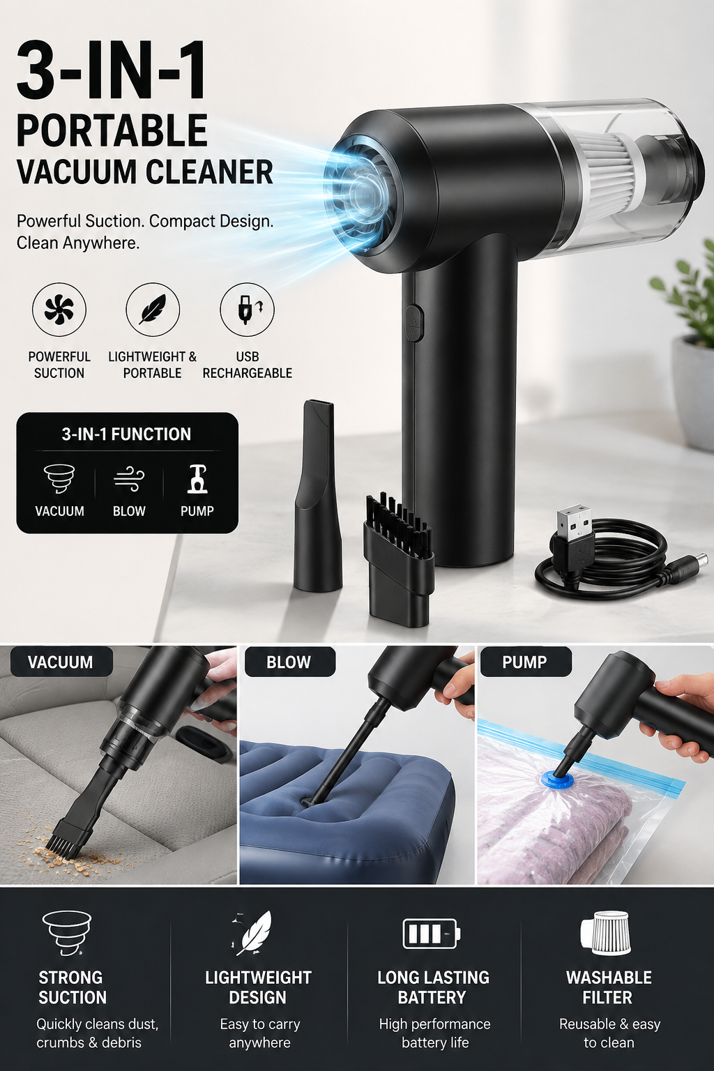 3 in 1 Portable Vacuum Cleaner - Deep Clean Any Surface Fast